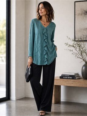 Crisca 100% Silk Teal Ruffle Tunic Blouse | Vintage Lightweight Boho Chic Sz 12
